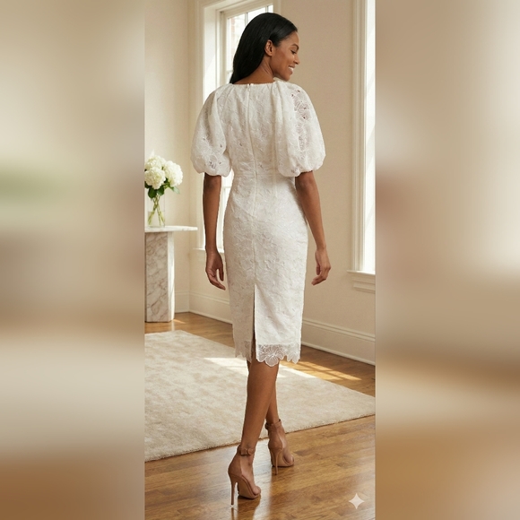 NWT Size 2 Monique Lhuillier White Organza Lace Puff Sleeve Dress - Picture 3 of 11